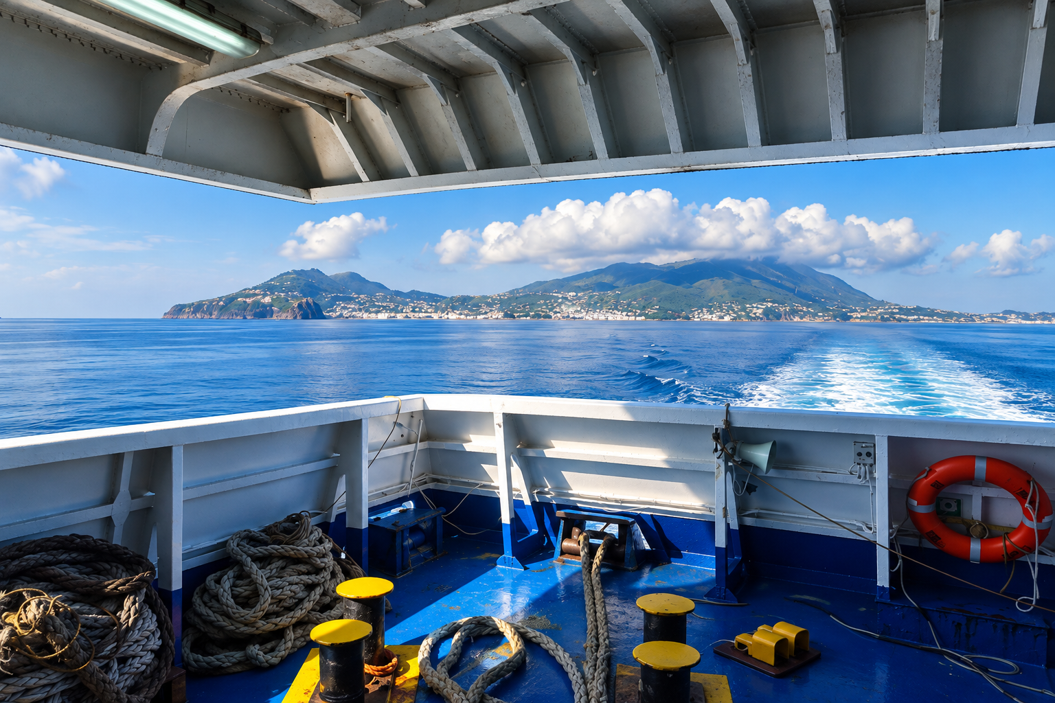 Vista dal ponte di una nave sul mare blu, corde e salvagente, coste montuose sullo sfondo.