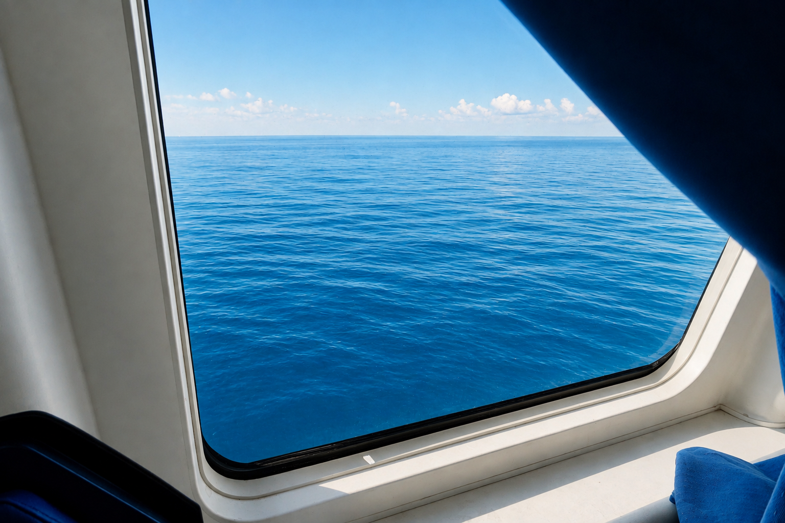 Finestra di nave con vista sul mare blu e cielo azzurro, nuvole sparse e sedili interni.